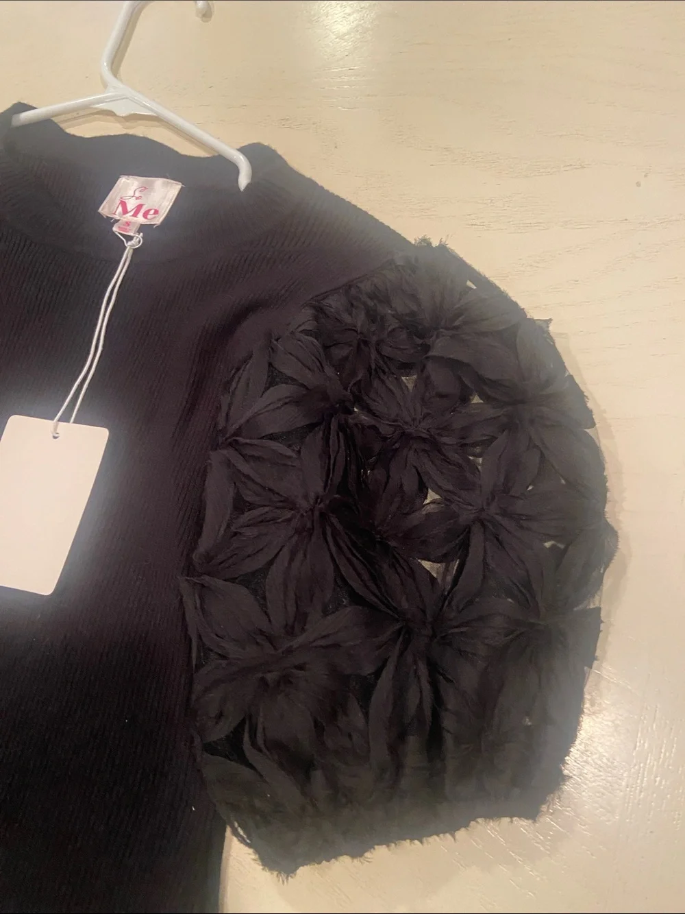 So Me Black Puff-Sleeve Knit Top with Textured Sleeves